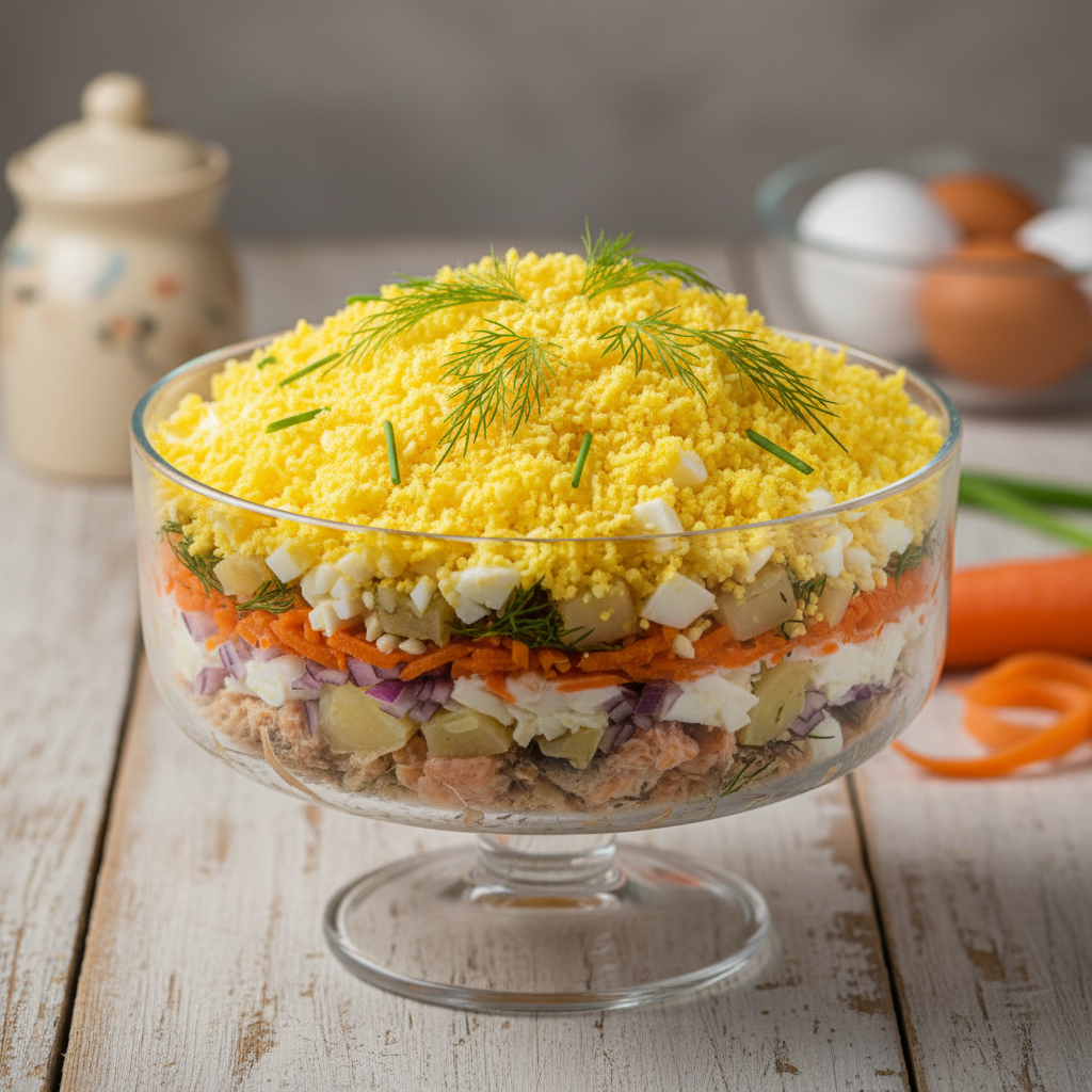 Mimoosi salat: nostalgiline ja maitsev pidulaua klassika