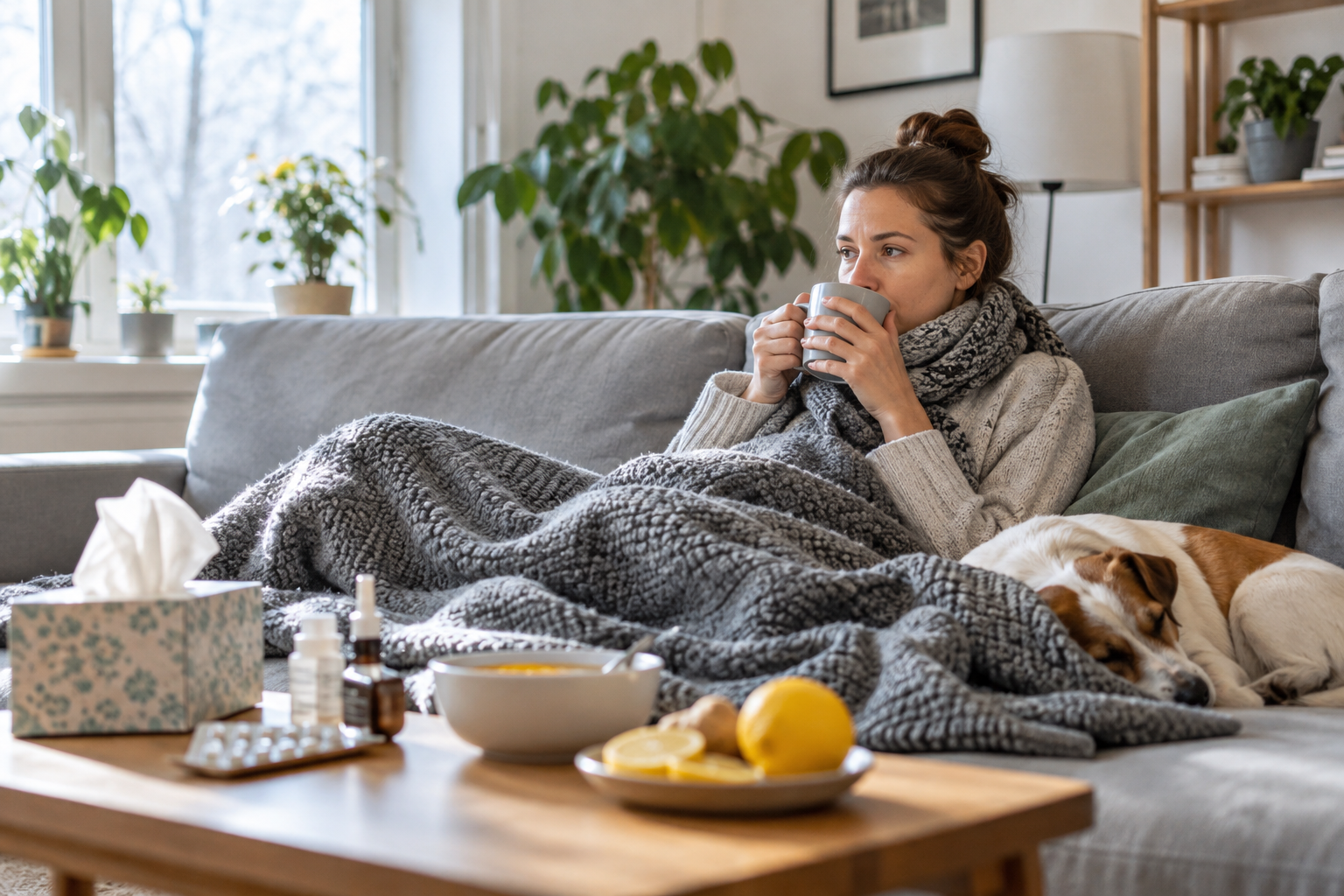 Kodune termomeeter, mask ja puhkav haige gripi leviku ennetamise kontekstis